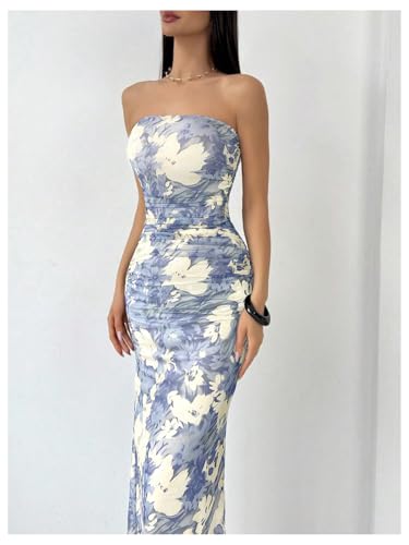 Milumia Women's Summer Strapeless Tube Top Dresses Side Slit Ruched Bodycon Maxi Dress Vacation4