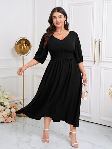 SCOMCHIC Women Plus Size Dresses V Neck 3/4 Sleeve Smocked High Waist Summer Flowy A Line Maxi Dress2