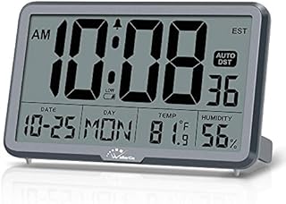 WallarGe Auto Set Digital Wall Clock Battery Operated,Desk Clocks with Temperature,Humidity and Date,Large Display Digital Calendar Alarm Clock for Elderly,Bedroom,Office,8 Time Zone, Auto DST.