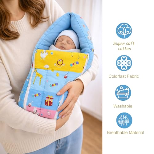 Image of Infantbond by fareto Baby Bedding Set Essentials Combo | Baby Bed | Carry Bag | Sleeping Bag | Hand Carry Bed | Feeding Pillow (0-6 Months)(All in 1)(Blue Giffi)