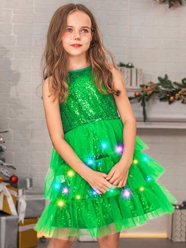 EASEDAILY Light up Girls Dress Glitter Sequin Green Tulle Mesh Ruffle LED Casual Dresses for Birthday Party4
