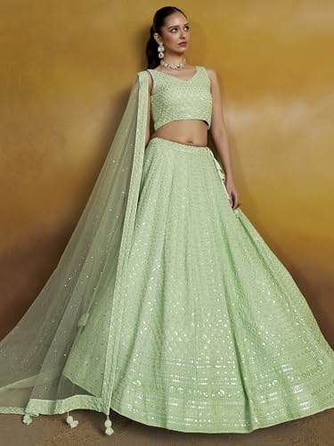 Image of Zeel Clothing Women's Sequins Thread Embroidered Georgette Lehenga Choli With Dupatta (5124-Women-Lehenga-Choli-New; Free size)