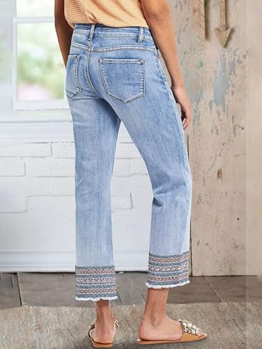 Flamingals Straight Leg Jeans for Women Low Rise Cropped Jeans Wash Embroidery Raw Hem Denim Pants2