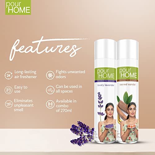 Image of POUR HOME Sacred Sandal & Lovely Lavender Room Air Freshener Spray - 220ML Each (Pack of 2)| Long-Lasting Fragrance - Reduces Odours - Suitable for Home & Office