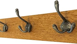 Element Wooden Designs Antique Coat Rack Industrial Triple 1883 Cast Iron Hooks Solid Oak Wood Vintage Wall Mounted (60cm 4 Hooks)