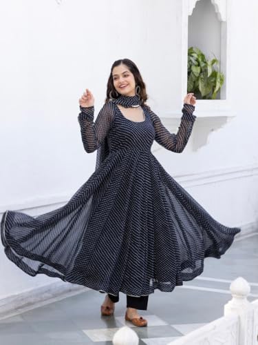 Image of Modestouze Attires Women's Rayon Printed Kurta Set | U Neck Full Sleeve Fit Flared Anarkali Kurti and Print Dupatta