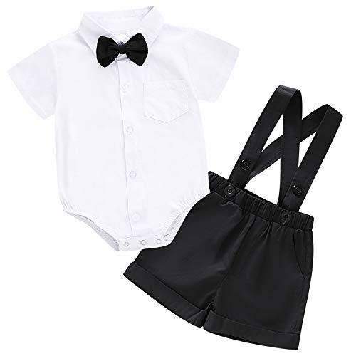 RomperinBox Baby Boys Gentleman Outfit Set, Infant Plain Shirt+Bowtie +Suspenders Pants for Toddler Casual Formal Wedding Birthday Party (White Short Sleeve Plain Black Pants, 18-24 Months)