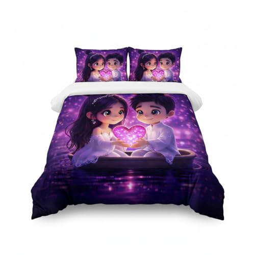 Image of Decor Well 7d Bedsheet for Double Bed King Size with 2 Pillow Covers, Polycotton 220 TC Super Soft & Breathable, Wrinkle Free New Purple Heart Printed Bedsheet Set (90x100 Inch)