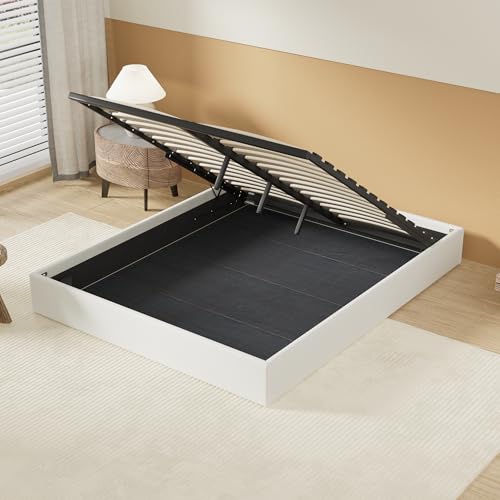 NOVEMBER Lit Coffre, Sommier à Lattes en Bois Flexible, Cadre en Tissu Blanc crème, lit Stable et Solide. Grand Espace de Rangement en Dessous. (Blanc, 120 x...