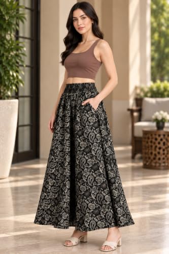Image of Women's Printed Viscose Crepe Flared Palazzo Pants with Pockets | Elastic Waist | Full Length | Casual | Free Size