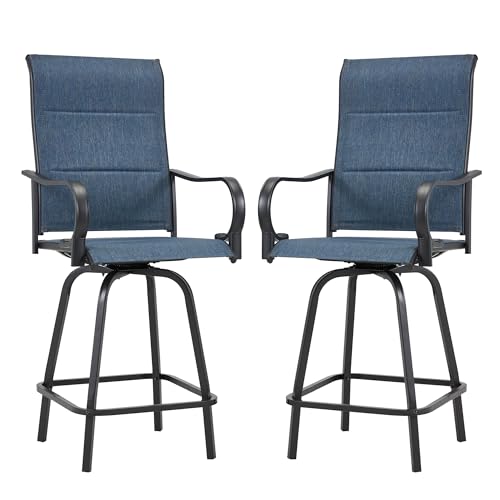 HOMREST Outdoor Swivel Bar Stools Set of 2, High Patio Swivel Bar Chairs with Padded Back & Seat, All-Weather Textilene Tall Patio Chair with Curved Armrest & Metal Footrest for Outside,Blue