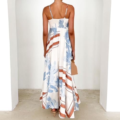Image of NUFIWI Women Summer Striped Maxi Dress Spaghetti Strap Cutout Ruffle Long Dress Flowy Swing Beach Vocation Dress