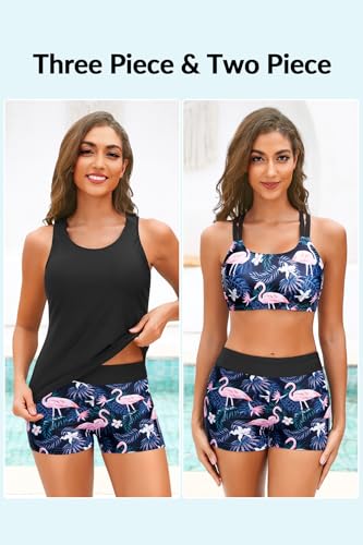 Image of Yonique 3 Piece Tankini Swimsuits for Women Swim Tank Top Bathing Suits with Boy Shorts and Bra Athletic Swimwear