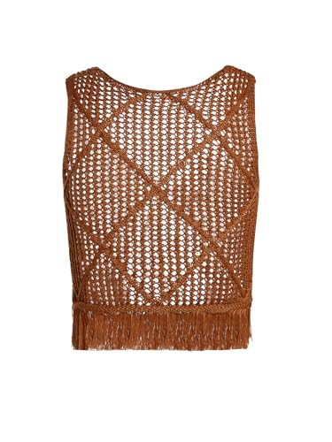 MakeMeChic Women's Cowboy Crochet Fringe Vest Vintage Hollow Out Tie Sleeveless Crop Knit Vest2