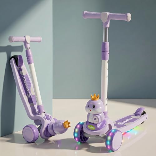 Image of Baybee Dino Crown Kick Scooter for Kids | 3 Wheel Kick Scooter with RGB LED Wheels & Music | 3 Height Adjustable Handle & Rear Brake | Foldable Scooter for Kids 3 to 8 Years Boys & Girls (Purple)