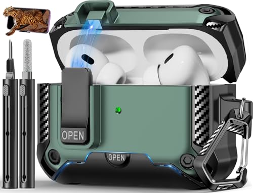 Image of for AirPods Pro 1st /2nd Case with Lock & Phone Stand(Green) | Automatic Snap Switch Lock,Carbon Fiber Texture Design Cover with Cleaner Kit