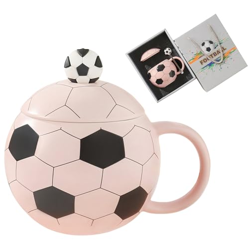 Cute Mugs 14oz Unique Ceramic Coffee Mug with Lid and Spoon, Funny Mugs Cereal Bowl Soccer Gifts for Coaches Fans Players, Gag Sports Cool Stuff Cups Soccer Mom Teacups Retirement Gifts, Pink