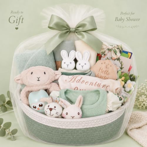 Image of Ultimate Baby Girl Gift Basket, Woodland Sage Green Newborn Essentials, Premium All-in-One Baby Shower Gifts for Expecting Moms with Floral Skirt, Swaddle, Diaper Caddy Organizer