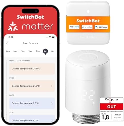 SwitchBot Smart Heizkörperthermostat Matter Combo, Bluetooth-Thermostat mit App&Zeitplanung, Energieseinsparung, Einfache Installation, kompatibel mit Alexa, Apple Home&Home Assist