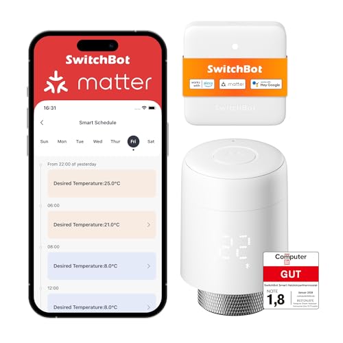 SwitchBot Combo Thermostat de radiateur connecté Matter – Thermostat Bluetooth avec appli & minuteur, Installation Facile, économie d'énergie, Compatible...