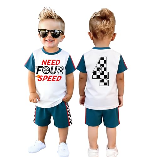 IZYJOY Fourth Birthday Boy Outfits Toddler Need 4 Speed Race Car 4th Shirt Shorts 2Pcs Racing Bday Party Summer Clothes Set(Blue 4T(110))
