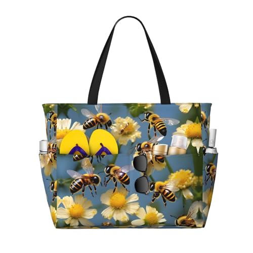 Sac à bandoulière imperméable grand format imprimé fleurs et abeilles