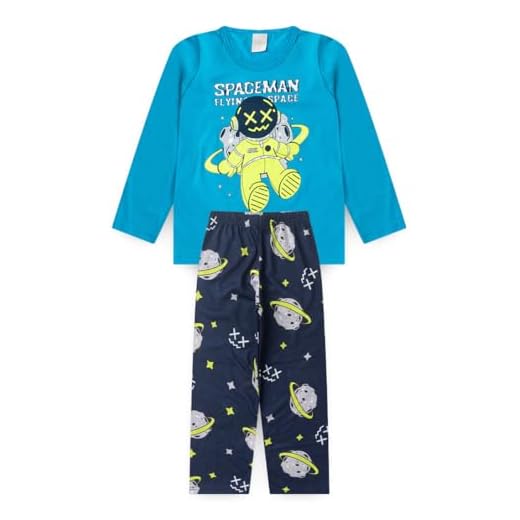 Pijama Longo Infantil Menino Blusa e Calça Astronauta Brilha No Escuro (Azul, 12)
