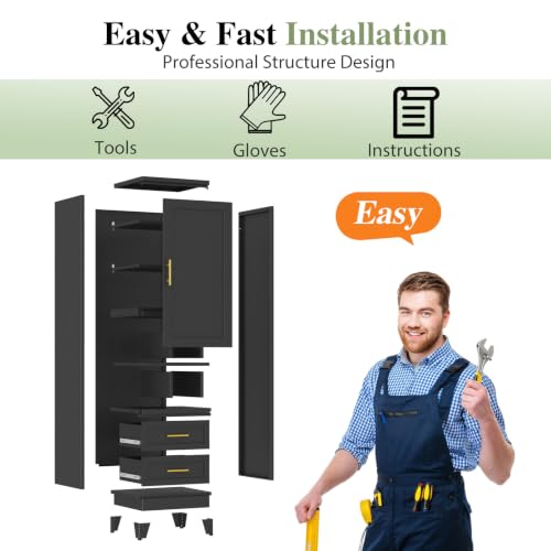 Image of 67 inch Tall Metal Storage Cabinet, Narrow Cabinet with 1 Door and 2 Drawers