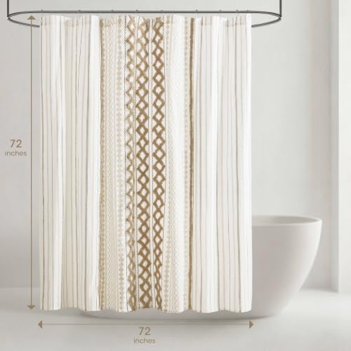 Image of Ink+Ivy Imani Tufted Chenille 100% Cotton Shower Curtain Boho Bath Curtains for Bathroom, Colorful Stripes Modern Farmhouse Shower Curtain, Bathtub Privacy Screen, Machine Washable 72 inch x 72 inch, Neutral