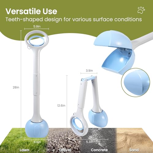Image of Dog Pooper Scooper Portable with Bag Attachment, One Handed Foldable Design, Includes 120 Waste Bags and Dispenser, 28 Inch Handle for Grass Yard Gravel Cleanup (Blue)