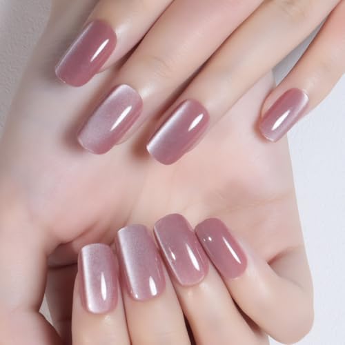 evpct Mauve Pink Cat Eye Press on Nails Medium Square No Glue, Me...