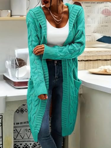 Women's Long Cable Knit Cardigan Sweater with Pockets, Open Front Have Cap3