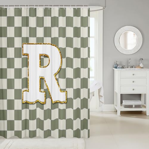 Image of Erosebridal Sage Green Checkered Bathroom Accessories Plaid Initial R Shower Curtain Personalized Monogram Bathroom Curtain for Kids Adults 72 inch Wx72 L Fashion Grids Gingham Shower Decor