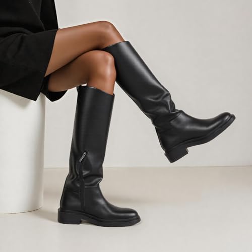 Knee High Boots for Women Round Toe Flat Low Chunky Heel Boot Side Zipper Dress Long Fashion Tall Boot Fall Winter Riding Wide Calf Boots4