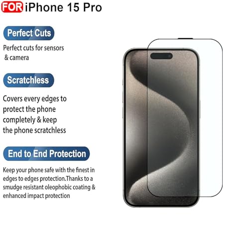 Image of Premium Tempered Glass Screen Guard Compatible With Iphone 15 Pro (6.1 Inch) | 9H Hardness | Edge to Edge Protection | Anti Scratch | Bubble Free Installation | HD Clear