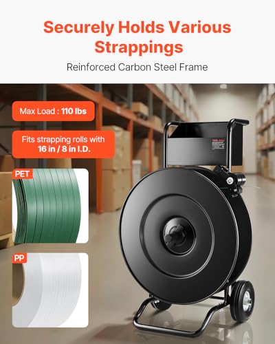 Image of VEVOR Banding Strapping Cart, for PET /PP Coils with 8 inch or 16 inch Core, Heavy Duty Strapping Dispenser with Upgrade Drum Brake System, Rubber Wheels and Built-in Spacious Tool Tray, 110 lbs Capacity