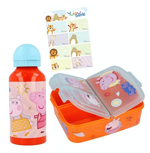 Peppa Wutz Pig Lunch-Set Alu-Trinkflasche + Premium Brotdose Frühstücks-Set + Namens Aufkleber Cover