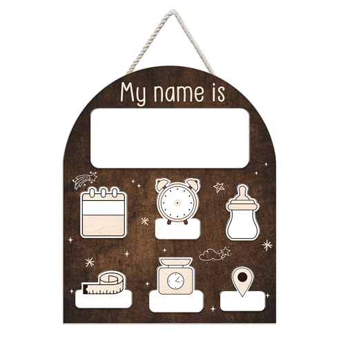 Mondily Baby Announcement Sign for Hospital, Baby Welcome Sign, Arriving Sign, Blank Newborn Birth Stats Board Gifts for New Parents, Boy Girl Hello World Photo Prop Nursery Decor (01 - dark wood)