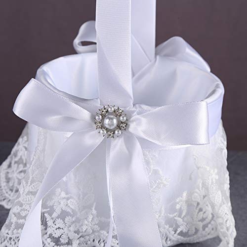 image for TRUE LOVE GIFT Flower Girl Basket and Ring Bearer Pillow Set Pearl Rhi