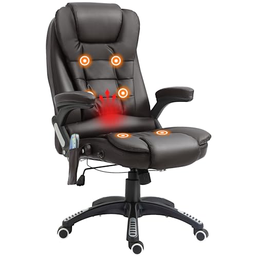 HOMCOM Office Chair Ergonomic Desk Chair with 6-Point Massage and Back Heated, PU Leather Computer Gaming Chair with Lumbar Support, Adjustable Armrest and 135° Reclining Back, Brown