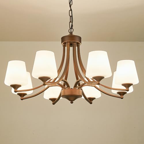 Image of 8-Light Large Rustic Chandeliers with Frosted Milky White Glass, Classic 30 inchPendant Ceiling Light, Oil Rubbed Bronze Durable Metal Hanging Fixture for Dining Room, Living Room, Kitchen, Farmhouse