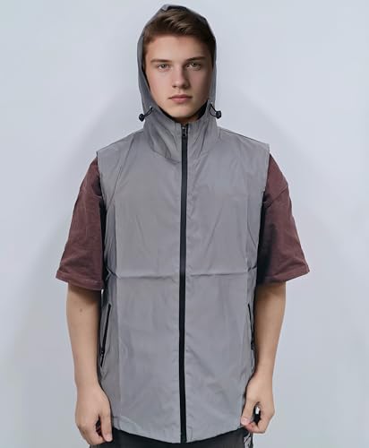LZLRUN Men's Fully Reflective Vest with Hood Fashion Hip Hop Sleeveless Jacket Street Rave3