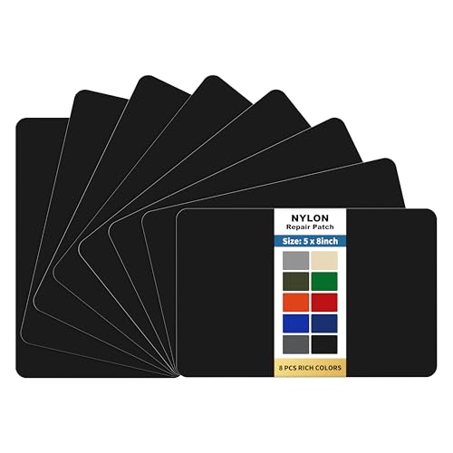 KING MOUNTAIN Self Adhesive Nylon Fabric Repair Patch, 5×8 Inches 8 Pcs, Quick Down Jacket Repair Patch, Waterproof Outdoor Gear Patch Kit for Tent,Backpacks,Umbrella, Gloves, Sleeping Bag (Black)