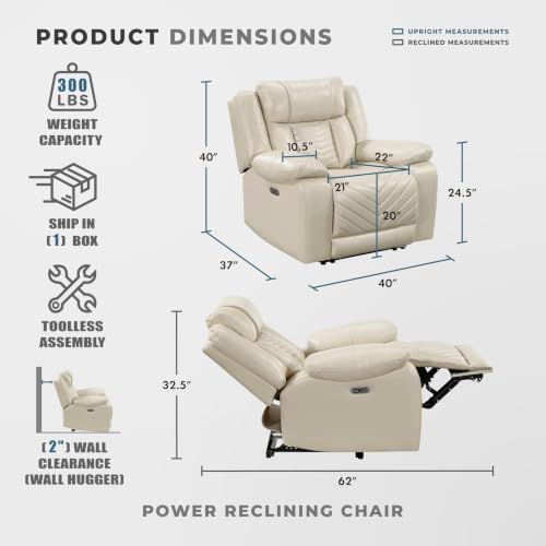 Image of Lexicon Faux Leather Power Recliner, Wall Hugger Reclining Chair, Beige