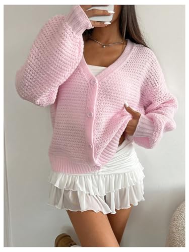 Image of BEAUDRM Women's Button Front Cardigans Drop Shoulder Hollow Out V Neck Long Sleeve Knitted Sweaters Pink Small
