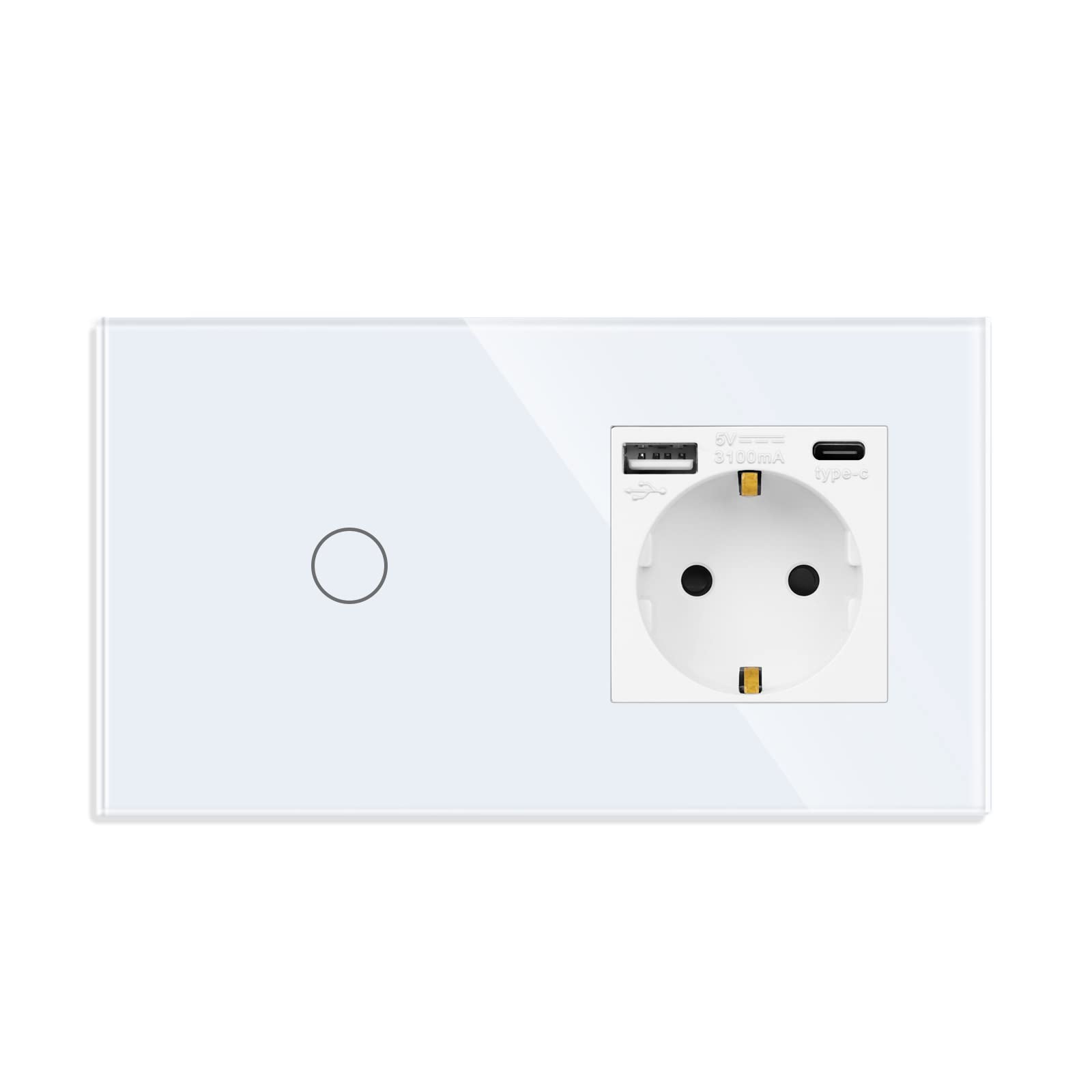 JIMEIDA Smart Wlan Touch Interruttore della luce con presa USB in bianco, presa in vetro con ricarica rapida (tipo A e tipo C, 5 V/3.1 A), pannello in vetro, interruttore luce 1 marcia