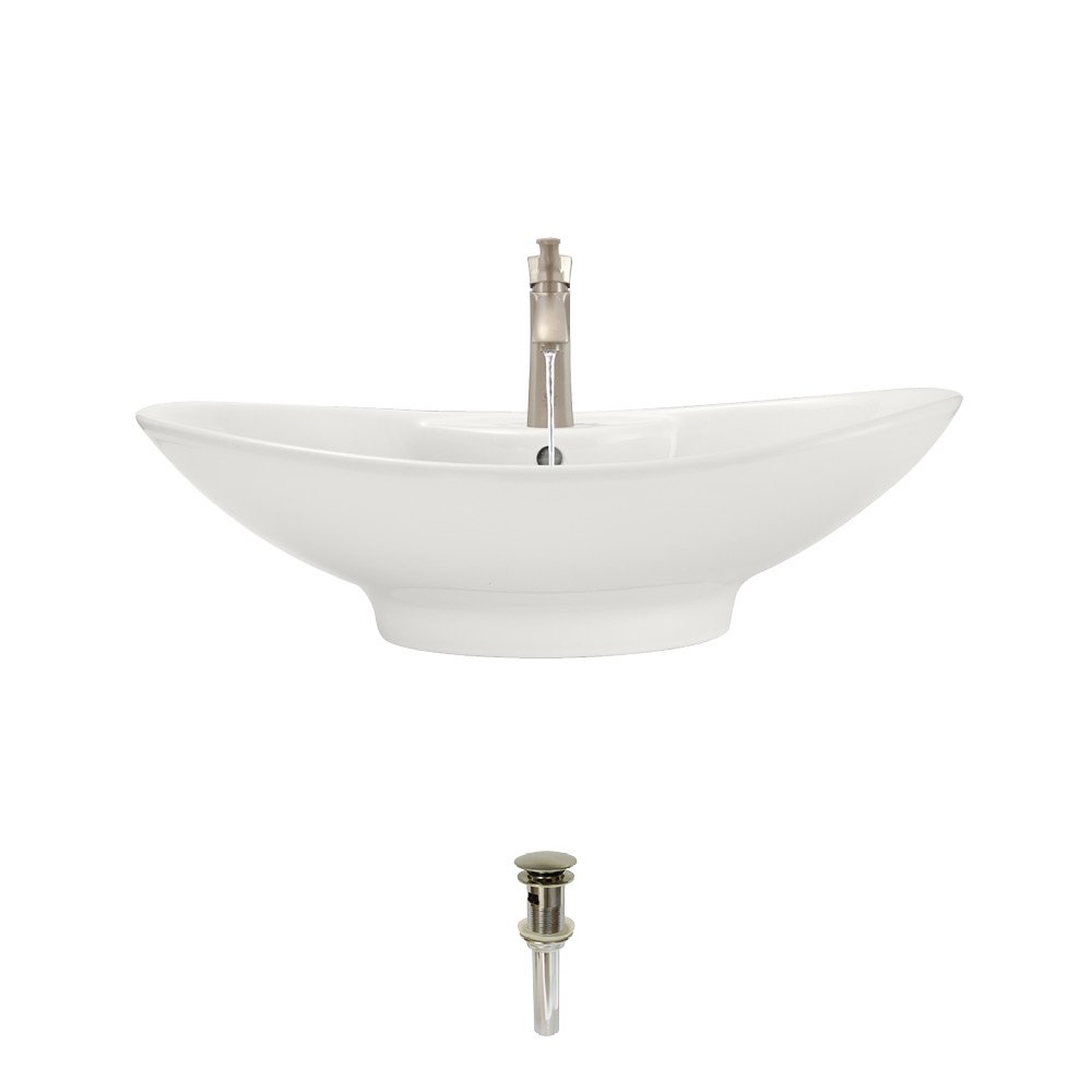 MR DirectV2102-Bisque Porcelain Vessel Sink Wash Basin Brushed Nickel Ensemble with 725 Vessel Faucet (Bundle - 3 Items: Sink, Faucet, and Pop Up Drain)