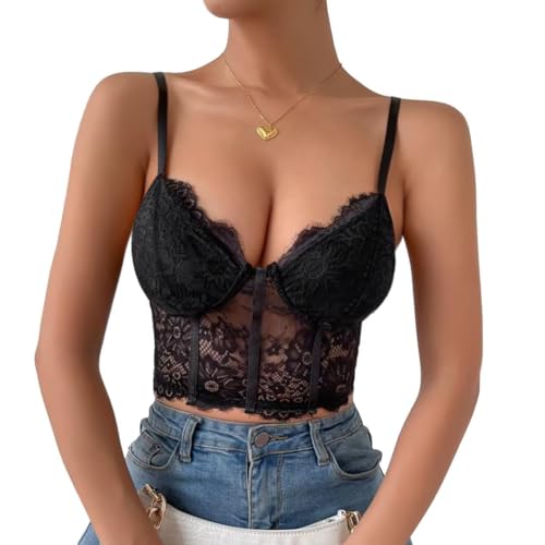 Lilosy Sexy Floral Lace Sheer Longline Crop Cami Top