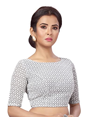 Image of Studio Shringaar Women's Chikankari Saree Blouse with Elbow Sleeves