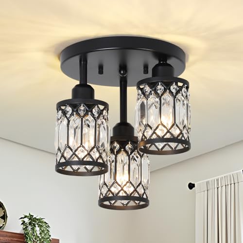 Rayofly Modern Crystal Chandeliers Ceiling Light, 3-Light Crystal Ceiling Lights for Living Room, Chandelier with Glass Lampshade,Black Semi Flush Ceiling Lighting for Hallway Bathroom Bedroom Kitchen